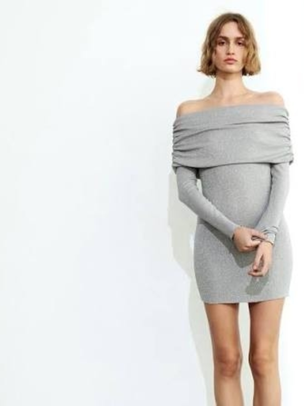 Zara Off-Shoulder Ribbed Mini Dress - Light Gray